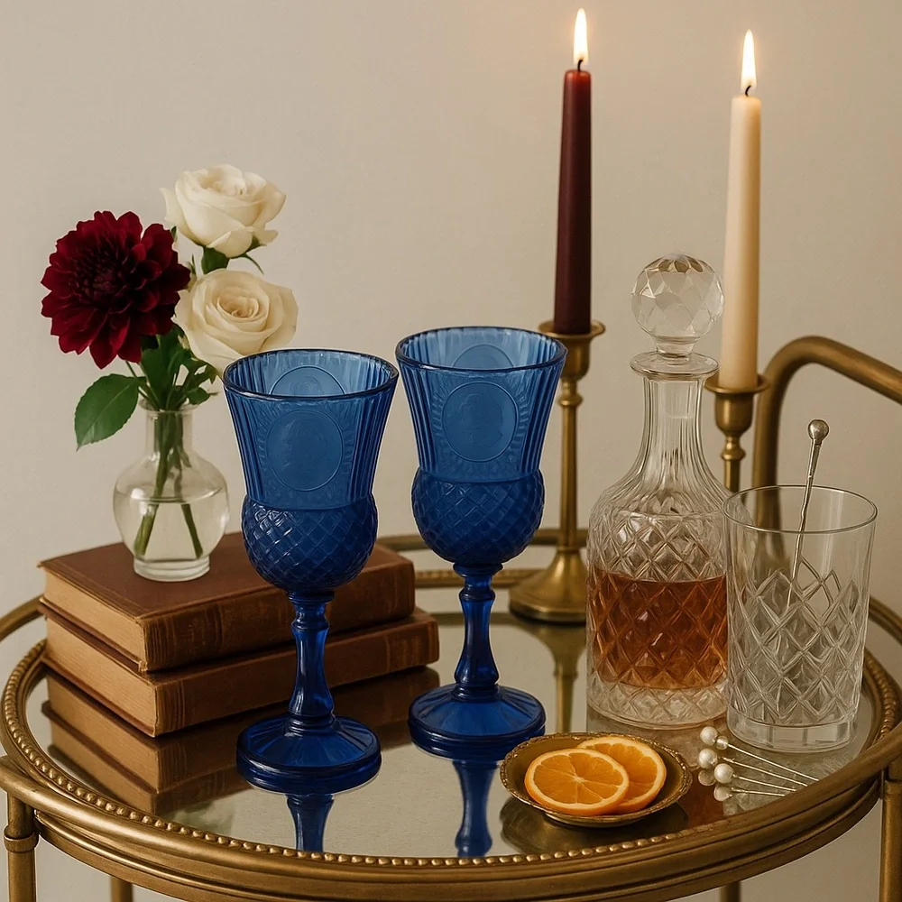 Vintage Cobalt Blue Glass Goblets | Cameo Design | Set of 2